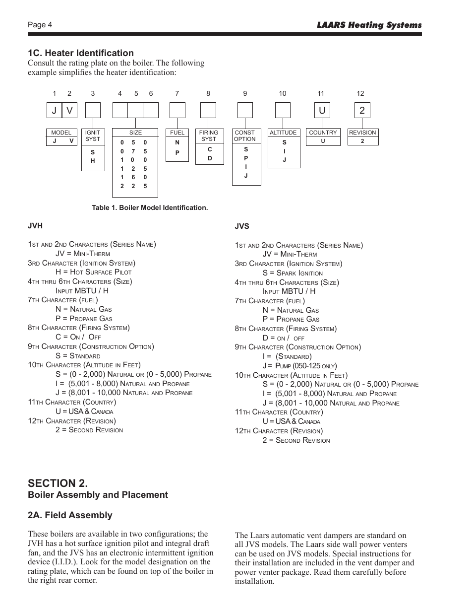 Vj u 2, 1c. heater identification, Boiler assembly and placement 2a. field assembly | Laars heating systems | LAARS Mini-Therm JVS (Sizes 50-225) - Install and Operating Manual User Manual | Page 4 / 40