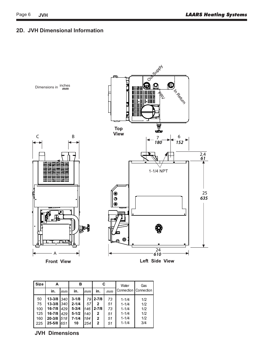 Jvh dimensions 2d. jvh dimensional information | LAARS Mini-Therm JVS (Sizes 50-225) - Install and Operating Manual User Manual | Page 6 / 40