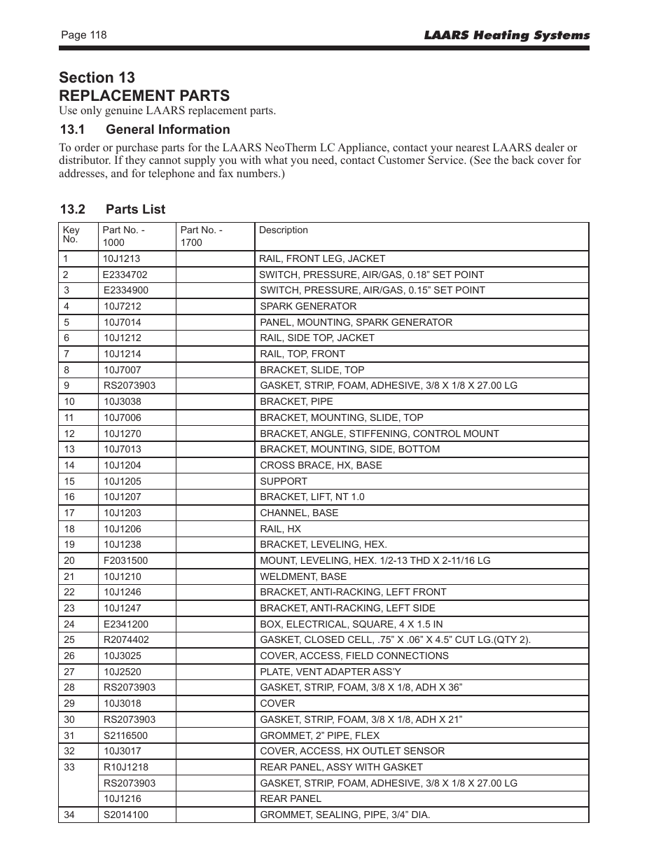 1 general information, 2 parts list | LAARS NeoTherm LC NTV1700 - Install and Operating Manual User Manual | Page 122 / 140