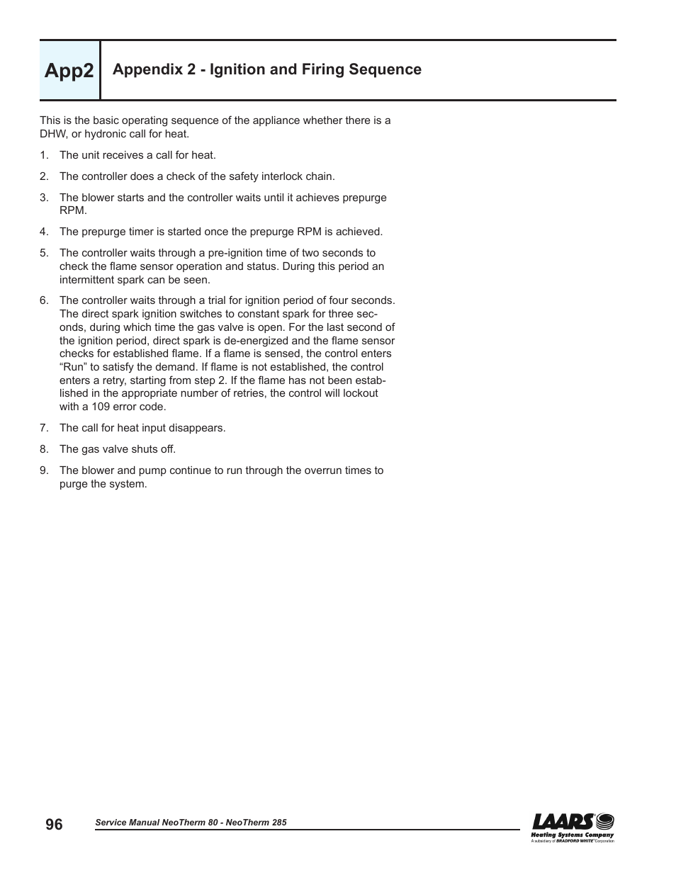 Appendix 2 - ignition and firing sequence, App2 ignition and firing sequence, App2 | LAARS NeoTherm NTV (Sizes 150–285 MBTU/h) - Service Manual User Manual | Page 106 / 110