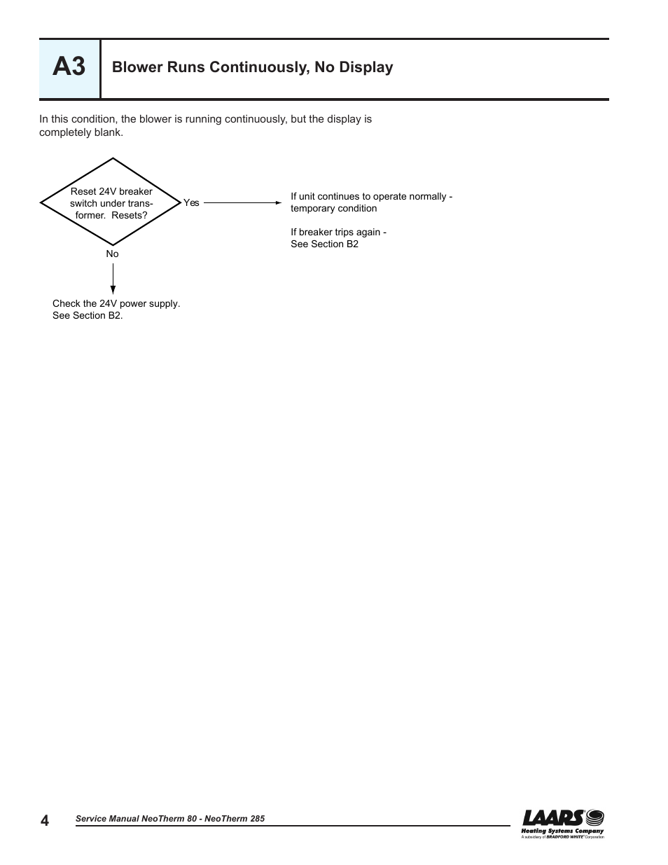 A3 - blower runs continuously, no display, Blower runs continuously, no display | LAARS NeoTherm NTV (Sizes 150–285 MBTU/h) - Service Manual User Manual | Page 14 / 110