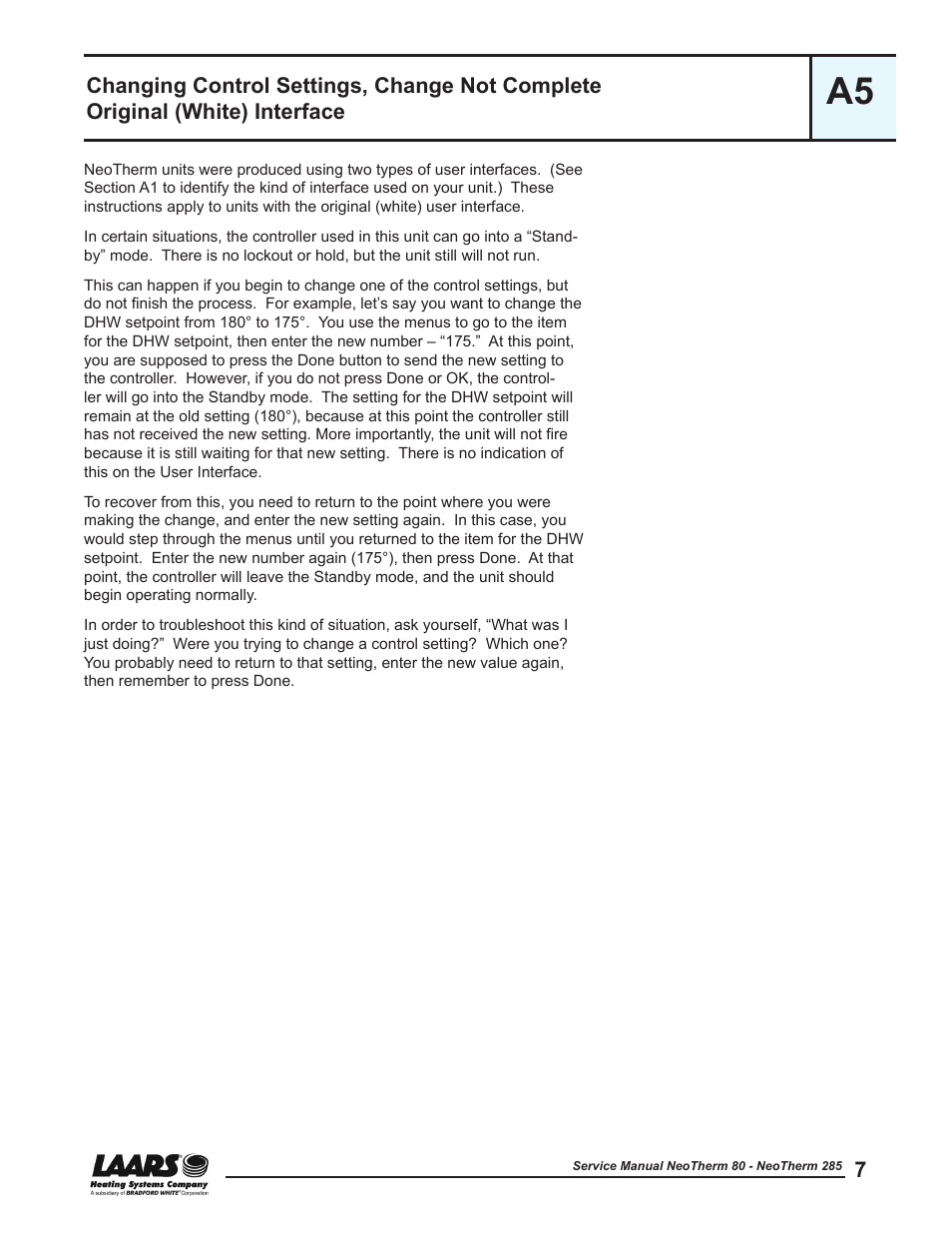 Changing control settings, change not complete, Original (white) user interface, Units with original (white) user interface | See section a5, Changing control settings, Change not complete | LAARS NeoTherm NTV (Sizes 150–285 MBTU/h) - Service Manual User Manual | Page 17 / 110