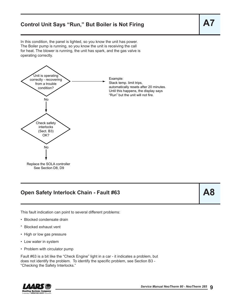 A8 - open safety interlock chain - fault #63, Control unit says “run”, but boiler is not firing, Open safety interlock chain - fault #63 | Short-cycling - fault #61, Control unit says “run” but boiler is not firing, A7 a8, Control unit says “run,” but boiler is not firing | LAARS NeoTherm NTV (Sizes 150–285 MBTU/h) - Service Manual User Manual | Page 19 / 110