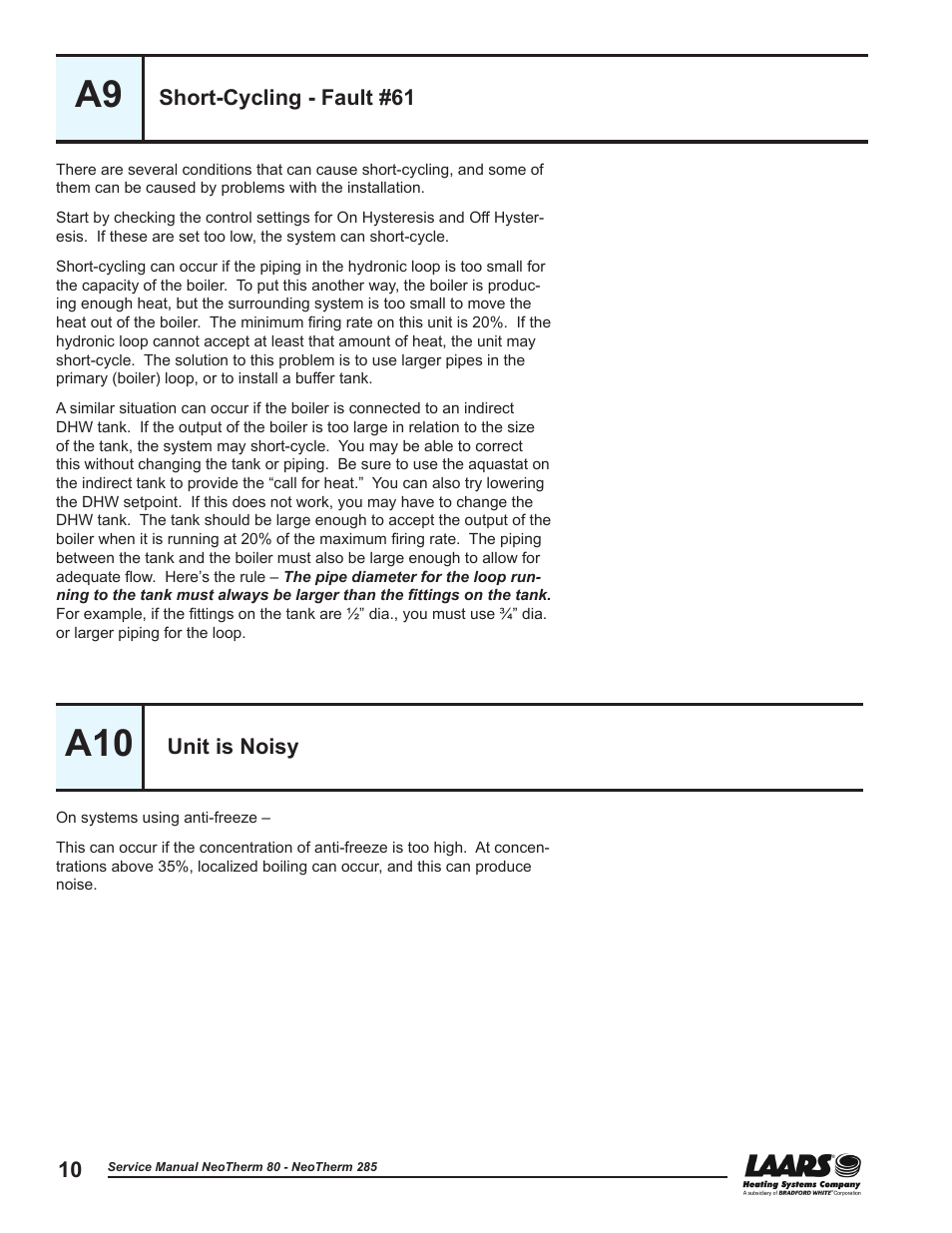 A9 - short-cycling - fault #61, A10 - unit is noisy, Unit is noisy | Short-cycling - fault #61 | LAARS NeoTherm NTV (Sizes 150–285 MBTU/h) - Service Manual User Manual | Page 20 / 110