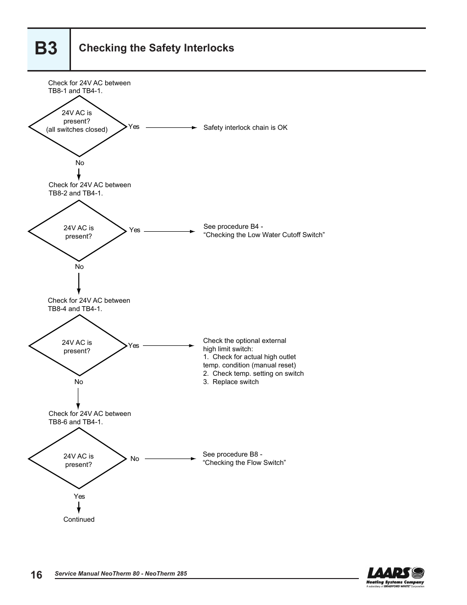 B3 - checking the safety interlocks, Checking the safety interlocks, See section b3 | Ing the safety interlocks | LAARS NeoTherm NTV (Sizes 150–285 MBTU/h) - Service Manual User Manual | Page 26 / 110