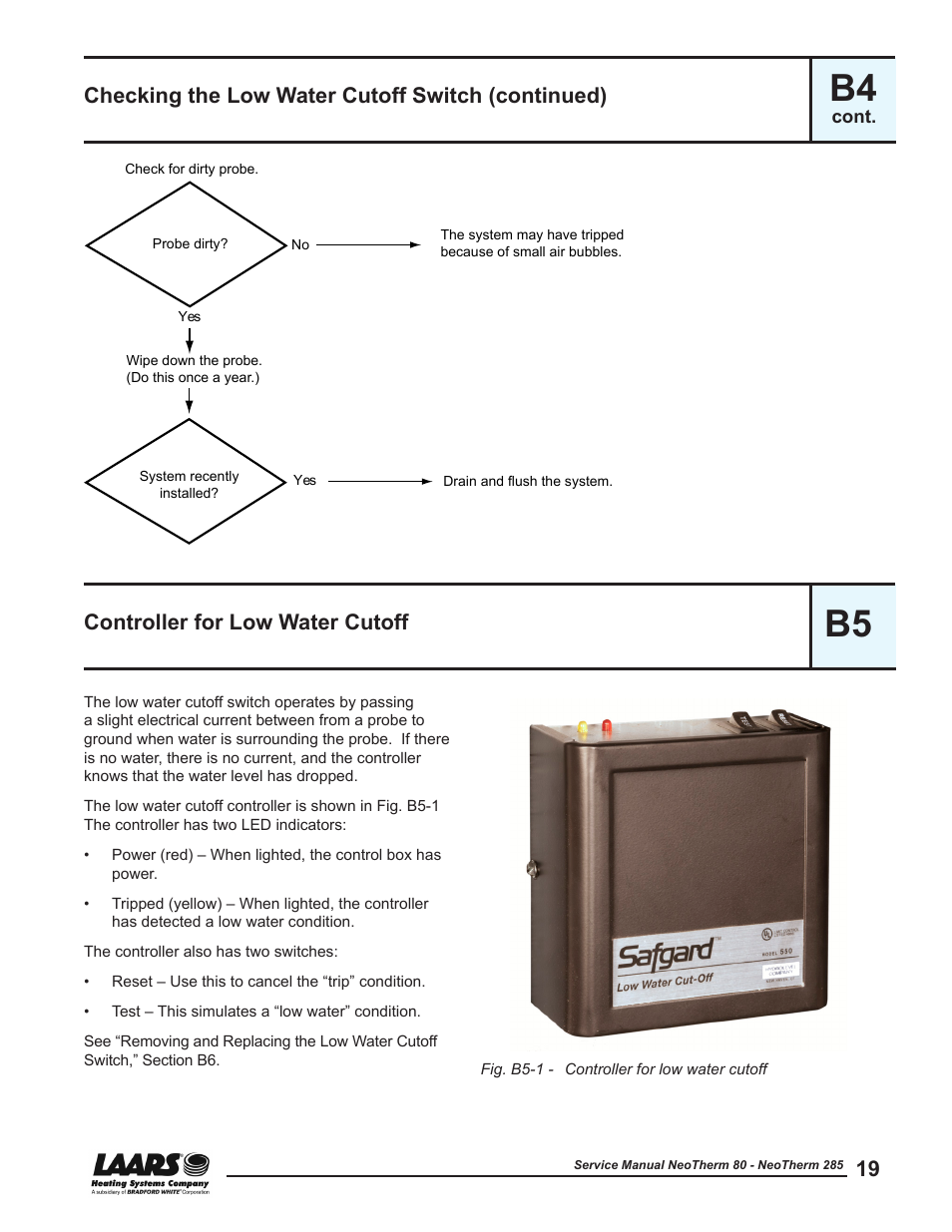 B5 - controller for low water cutoff, Controller for low water cutoff | LAARS NeoTherm NTV (Sizes 150–285 MBTU/h) - Service Manual User Manual | Page 29 / 110