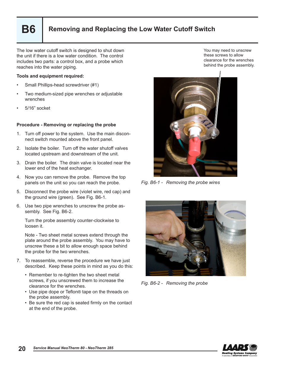 Removing and replacing the, Low water cutoff switch, Removing and replacing the low water cutoff switch | LAARS NeoTherm NTV (Sizes 150–285 MBTU/h) - Service Manual User Manual | Page 30 / 110