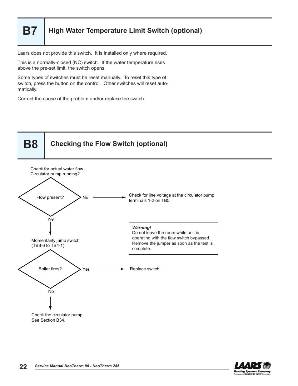 B7 - high water temperature limit switch, B8 - checking the flow switch, High water temperature limit switch | Checking the flow switch, See procedure b8, B7 b8, High water temperature limit switch (optional), Checking the flow switch (optional) | LAARS NeoTherm NTV (Sizes 150–285 MBTU/h) - Service Manual User Manual | Page 32 / 110
