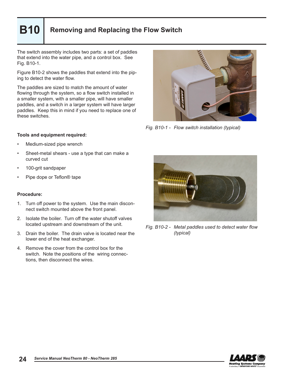 B10 - removing and replacing the flow switch, Removing and replacing the flow switch | LAARS NeoTherm NTV (Sizes 150–285 MBTU/h) - Service Manual User Manual | Page 34 / 110