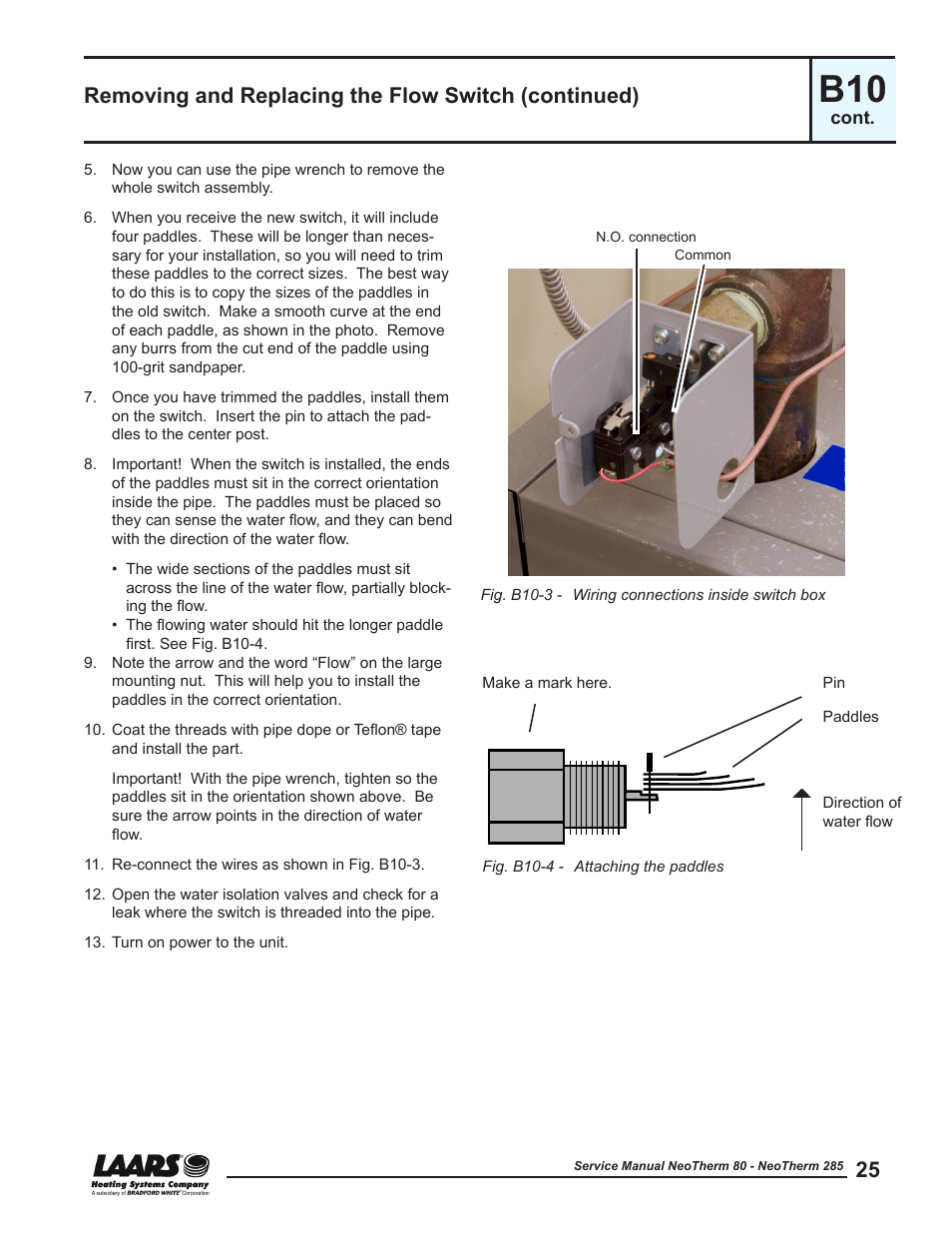 Removing and replacing the flow switch (continued) | LAARS NeoTherm NTV (Sizes 150–285 MBTU/h) - Service Manual User Manual | Page 35 / 110