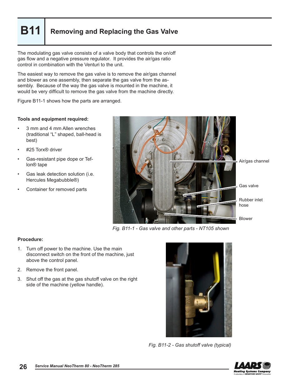 B11 - removing and replacing the gas valve, Removing and replacing the gas valve | LAARS NeoTherm NTV (Sizes 150–285 MBTU/h) - Service Manual User Manual | Page 36 / 110