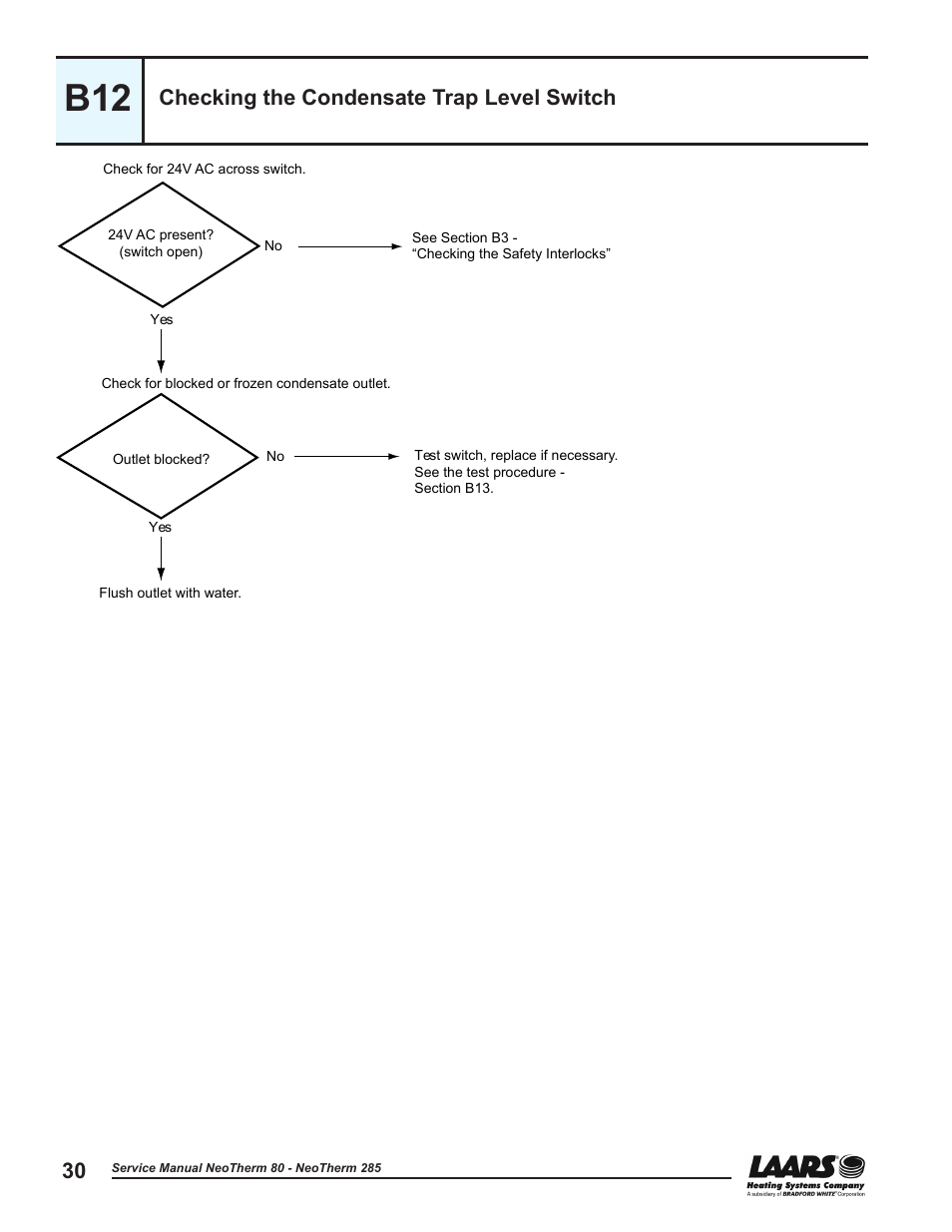 B12 - checking the condensate trap level switch, Checking the condensate trap water level switch, See procedure b12 | Checking condensate trap level switch, Checking the condensate trap level switch | LAARS NeoTherm NTV (Sizes 150–285 MBTU/h) - Service Manual User Manual | Page 40 / 110