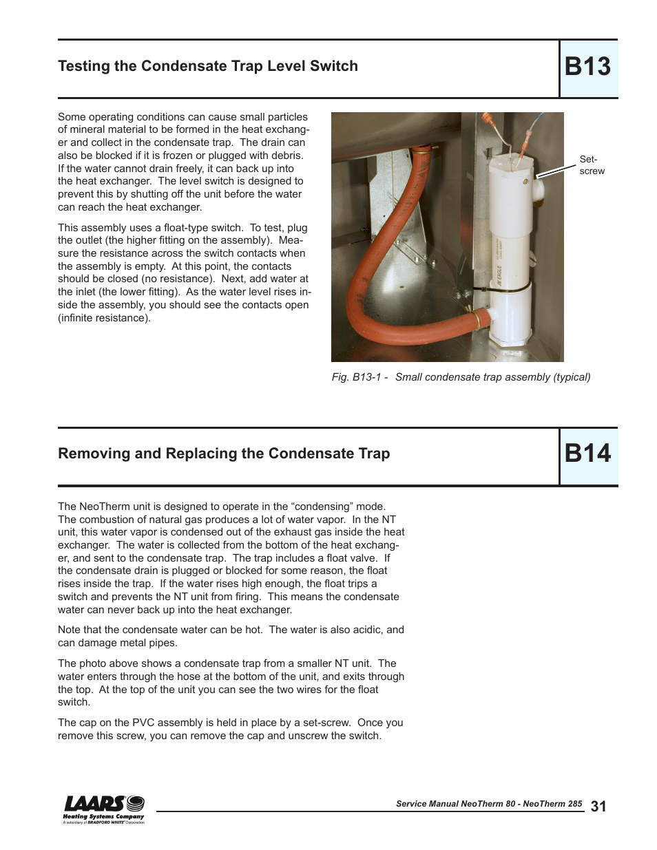 B13 - testing the condensate trap level switch, B14 - removing and replacing the condensate trap, Testing the condensate trap level switch | Removing and replacing the condensate trap, B13 b14 | LAARS NeoTherm NTV (Sizes 150–285 MBTU/h) - Service Manual User Manual | Page 41 / 110