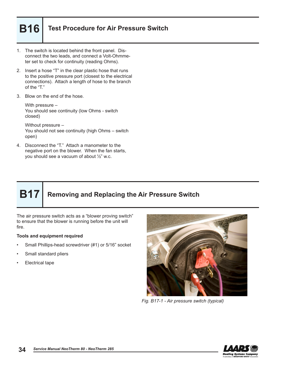 B16 - test procedure for air pressure switch, Test procedure for air pressure switch, Removing and replacing the air pressure switch | B16 b17 | LAARS NeoTherm NTV (Sizes 150–285 MBTU/h) - Service Manual User Manual | Page 44 / 110