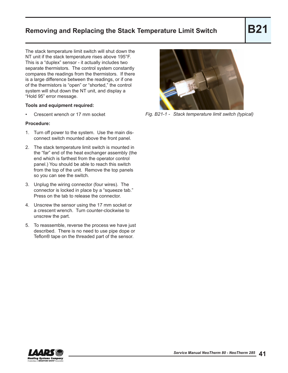 Removing and replacing the, Stack temperature limit switch | LAARS NeoTherm NTV (Sizes 150–285 MBTU/h) - Service Manual User Manual | Page 51 / 110