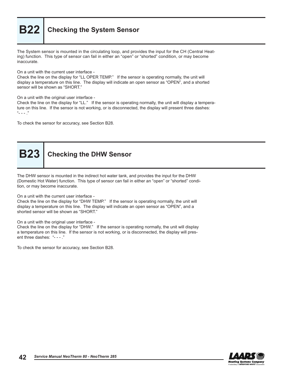 B22 - checking the system sensor, B23 - checking the dhw sensor, Checking the system sensor | Checking the dhw sensor, System sensor - section b22, Dhw sensor - section b23 | LAARS NeoTherm NTV (Sizes 150–285 MBTU/h) - Service Manual User Manual | Page 52 / 110