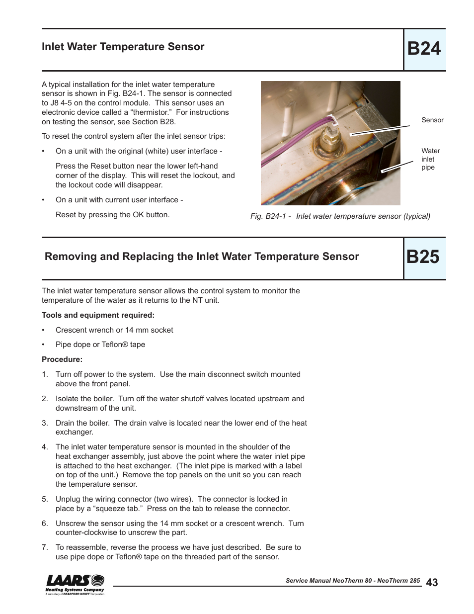 B24 - inlet water temperature sensor, Inlet water temperature sensor, Removing and replacing the | B24 b25 | LAARS NeoTherm NTV (Sizes 150–285 MBTU/h) - Service Manual User Manual | Page 53 / 110