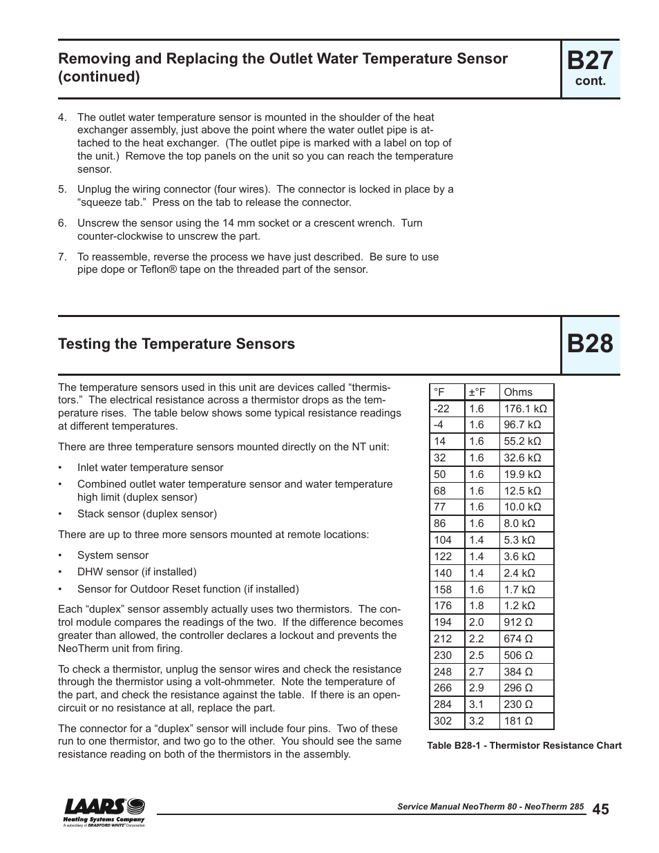 B28 - testing the temperature sensors, Testing the temperature sensors, If the blower is running, and the unit does not | Fire, go to section b28 - “testing the temperature, Sensors | LAARS NeoTherm NTV (Sizes 150–285 MBTU/h) - Service Manual User Manual | Page 55 / 110