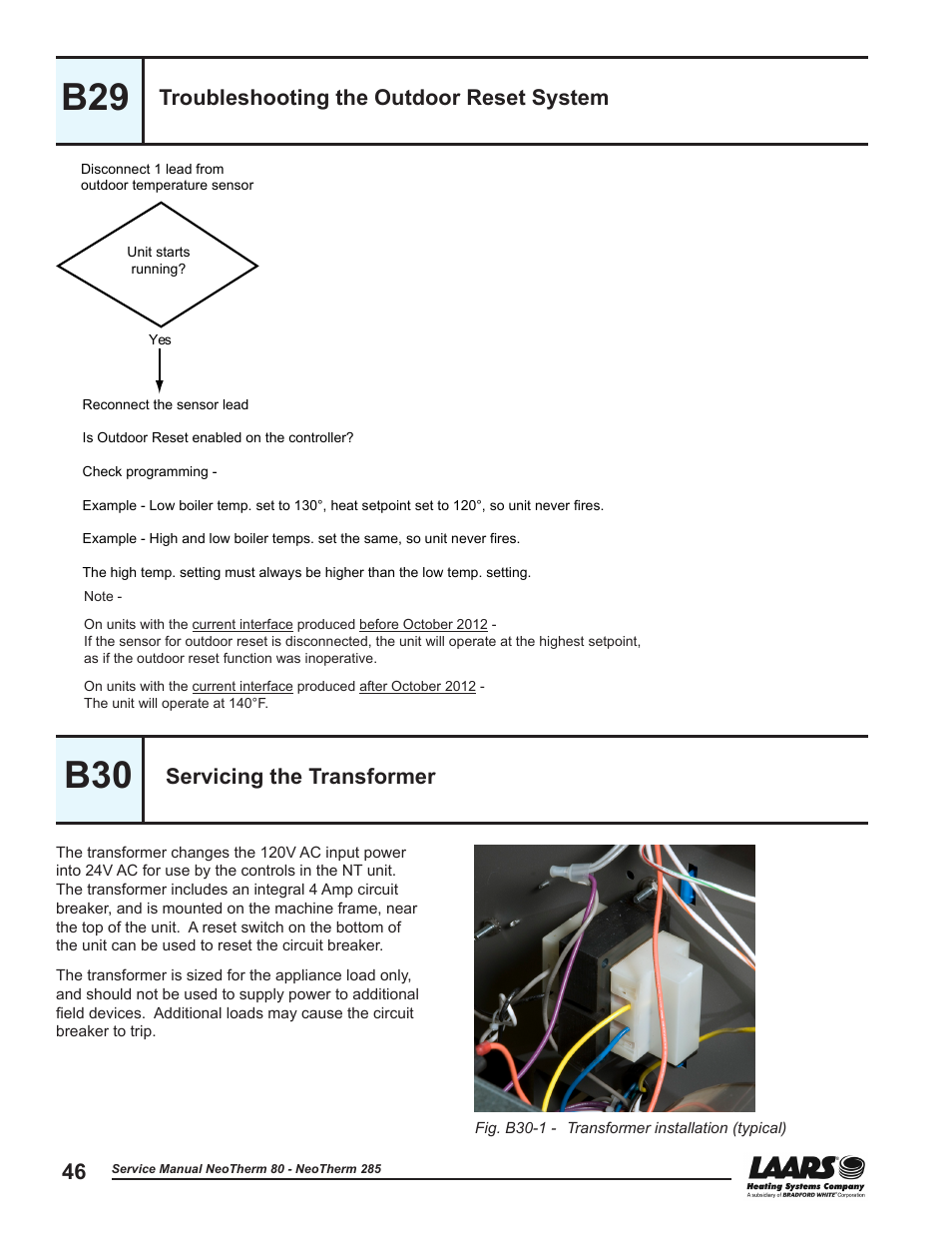 B29 - troubleshooting the outdoor reset system, B30 - servicing the transformer, Troubleshooting the outdoor reset system | Servicing the transformer, See section b29, Troubleshooting the outdoor, Reset system, B29 b30 | LAARS NeoTherm NTV (Sizes 150–285 MBTU/h) - Service Manual User Manual | Page 56 / 110