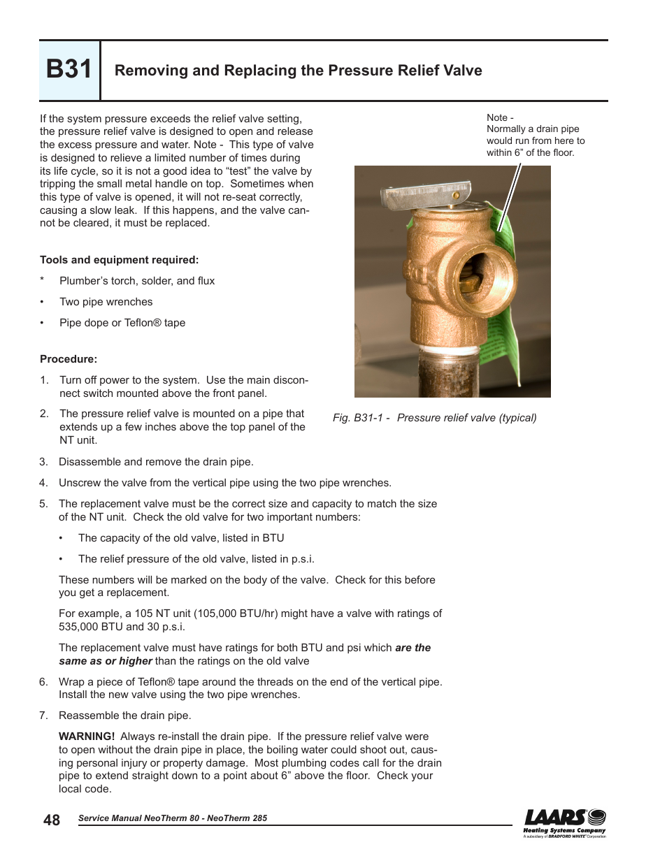 Removing and replacing the pressure relief valve | LAARS NeoTherm NTV (Sizes 150–285 MBTU/h) - Service Manual User Manual | Page 58 / 110