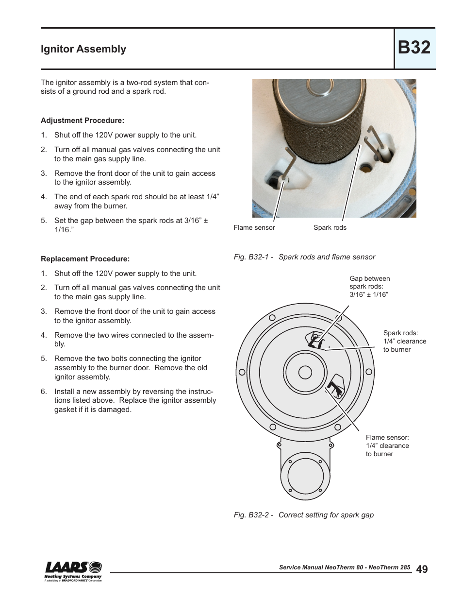 B32 - ignitor assembly, Ignitor assembly | LAARS NeoTherm NTV (Sizes 150–285 MBTU/h) - Service Manual User Manual | Page 59 / 110