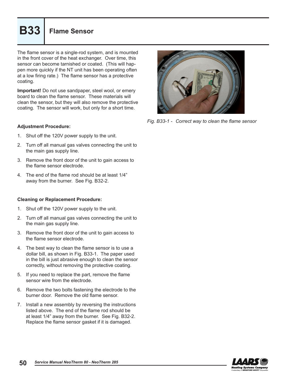 B33 - flame sensor, Flame sensor | LAARS NeoTherm NTV (Sizes 150–285 MBTU/h) - Service Manual User Manual | Page 60 / 110