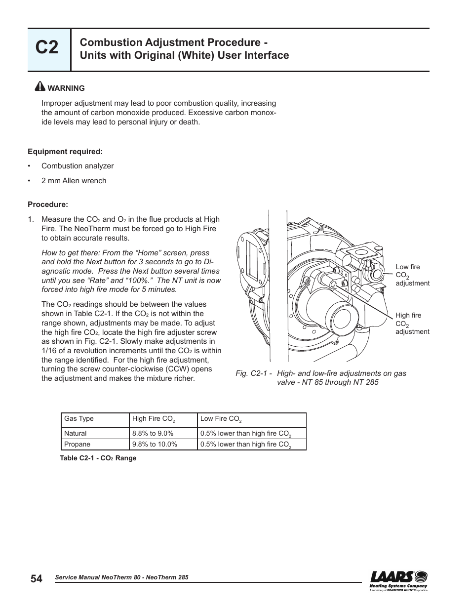 Combustion adjustment procedure, Units with original (white) user interface | LAARS NeoTherm NTV (Sizes 150–285 MBTU/h) - Service Manual User Manual | Page 64 / 110