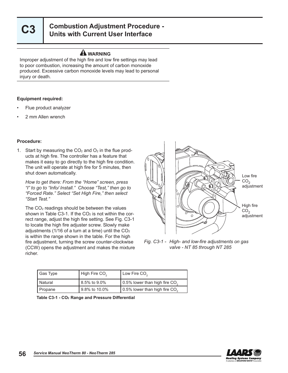 Combustion adjustment procedure, Units with current user interface | LAARS NeoTherm NTV (Sizes 150–285 MBTU/h) - Service Manual User Manual | Page 66 / 110