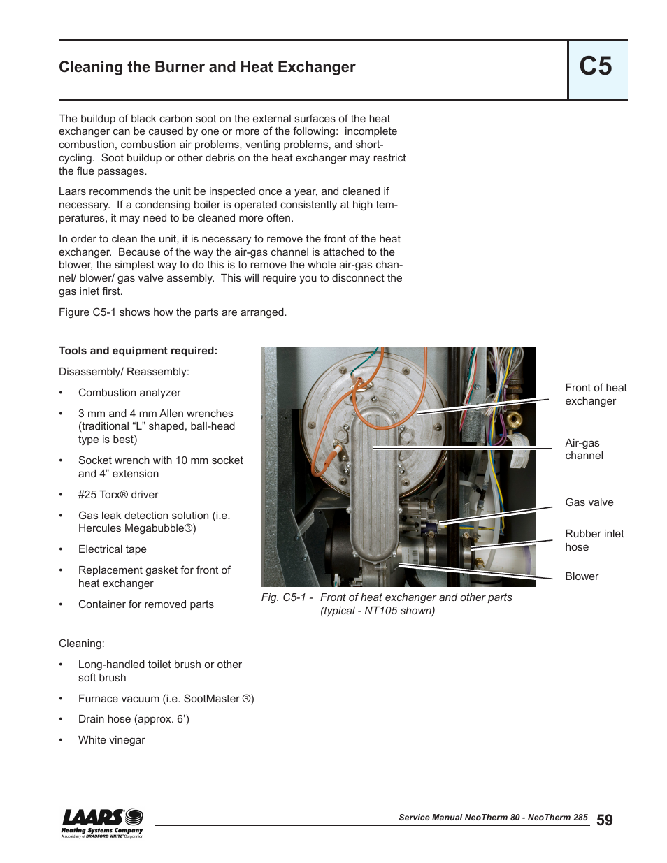 C5 - cleaning the burner and heat exchanger, Cleaning the burner and heat exchanger, Clean the heat | Exchanger, See section c5 | LAARS NeoTherm NTV (Sizes 150–285 MBTU/h) - Service Manual User Manual | Page 69 / 110
