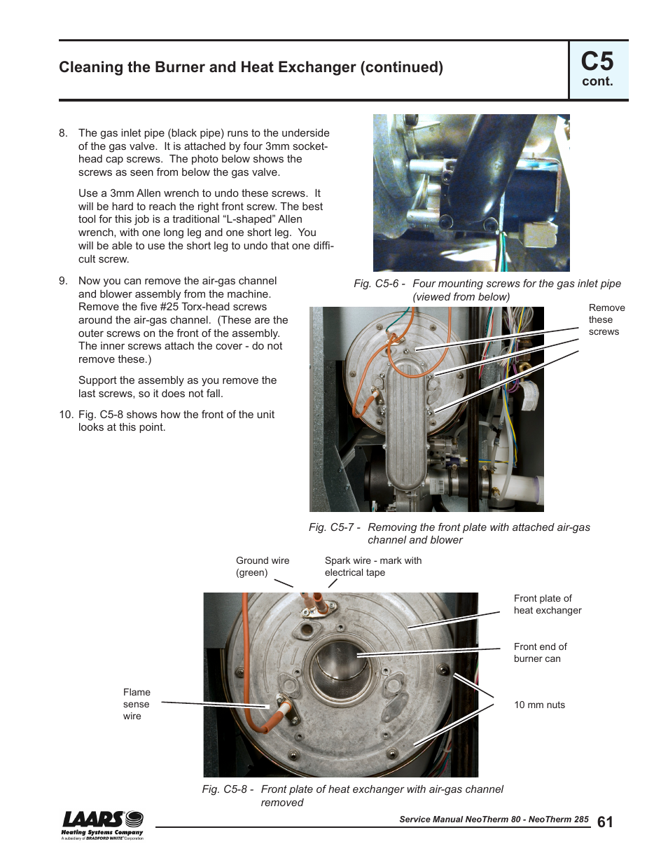 Cleaning the burner and heat exchanger (continued) | LAARS NeoTherm NTV (Sizes 150–285 MBTU/h) - Service Manual User Manual | Page 71 / 110