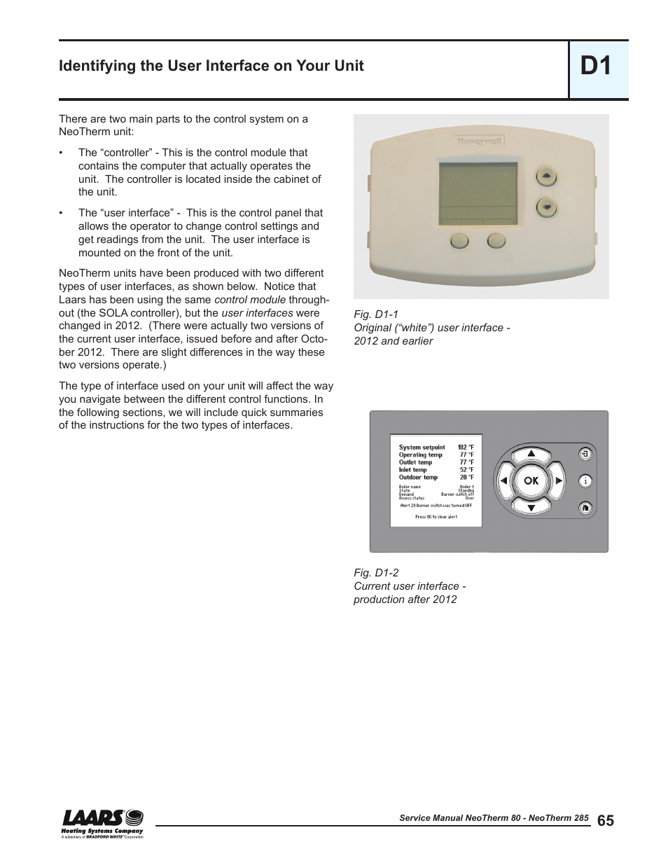 D1 - identifying the user interface on your unit, Section d - neotherm control system, Identifying the user interface on your unit | LAARS NeoTherm NTV (Sizes 150–285 MBTU/h) - Service Manual User Manual | Page 75 / 110