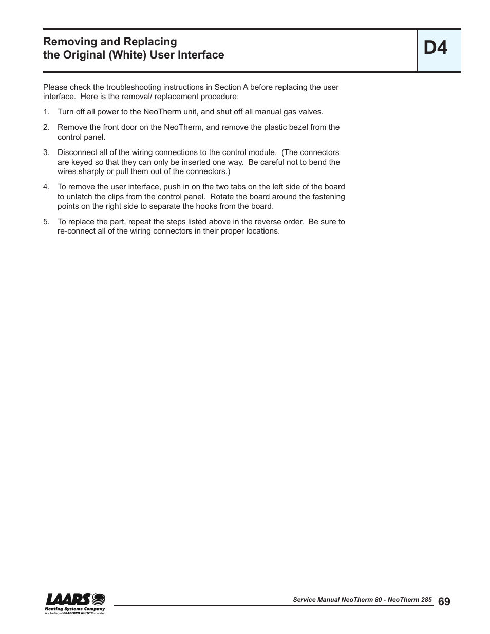 Removing and replacing the original (white), User interface | LAARS NeoTherm NTV (Sizes 150–285 MBTU/h) - Service Manual User Manual | Page 79 / 110