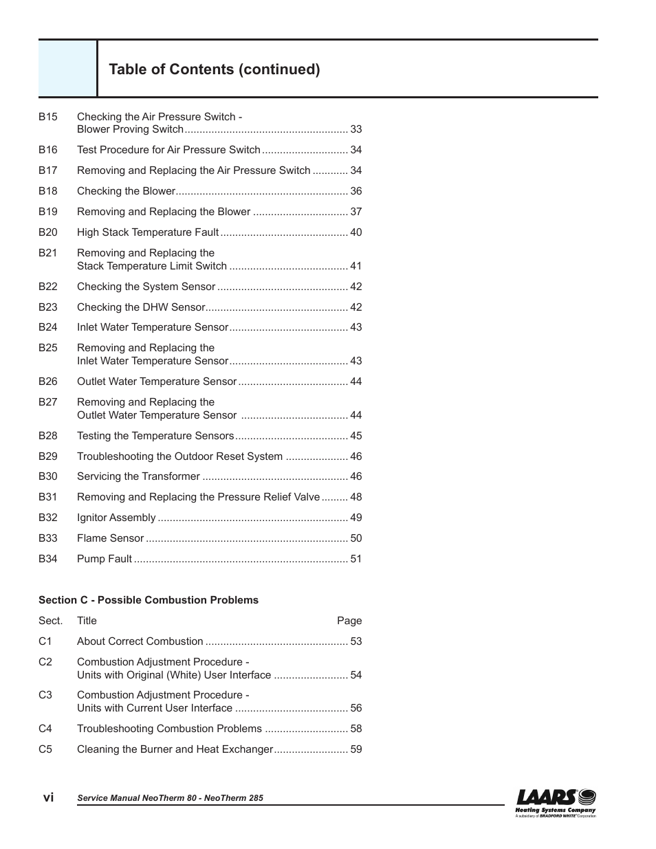 Table of contents (continued) | LAARS NeoTherm NTV (Sizes 150–285 MBTU/h) - Service Manual User Manual | Page 8 / 110