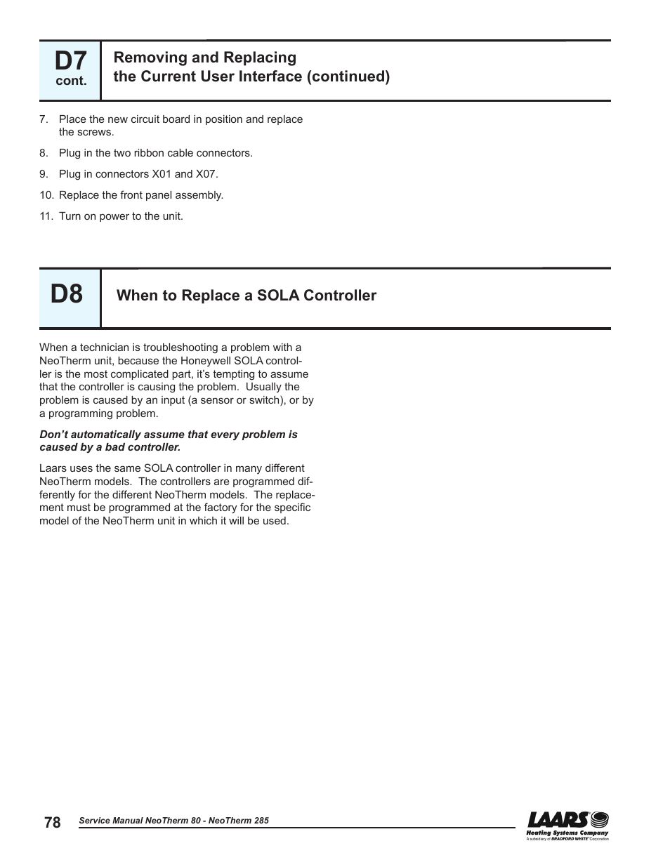 D8 - when to replace a sola controller, When to replace a sola controller, Replace the sola controller | See section d8, d9 | LAARS NeoTherm NTV (Sizes 150–285 MBTU/h) - Service Manual User Manual | Page 88 / 110