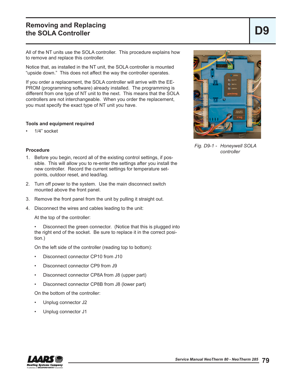 D9 - removing and replacing the sola controller, Removing and replacing the sola controller | LAARS NeoTherm NTV (Sizes 150–285 MBTU/h) - Service Manual User Manual | Page 89 / 110