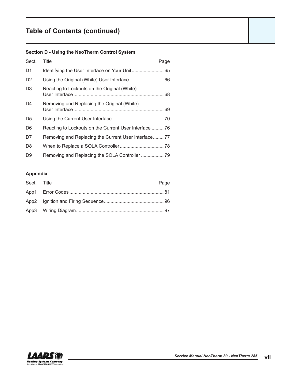 Table of contents (continued) | LAARS NeoTherm NTV (Sizes 150–285 MBTU/h) - Service Manual User Manual | Page 9 / 110