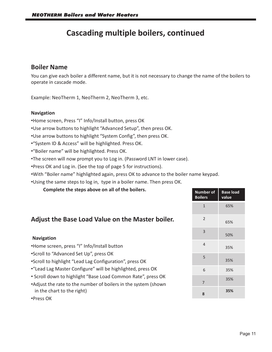 Cascading multiple boilers, continued, Boiler name, Adjust the base load value on the master boiler | LAARS NeoTherm NTV (Sizes 080–850 MBTU/h) - Start Up Guide User Manual | Page 11 / 16