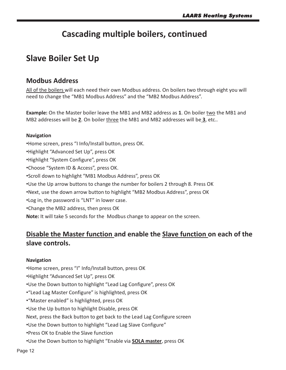 Cascading multiple boilers, continued, Slave boiler set up | LAARS NeoTherm NTV (Sizes 080–850 MBTU/h) - Start Up Guide User Manual | Page 12 / 16