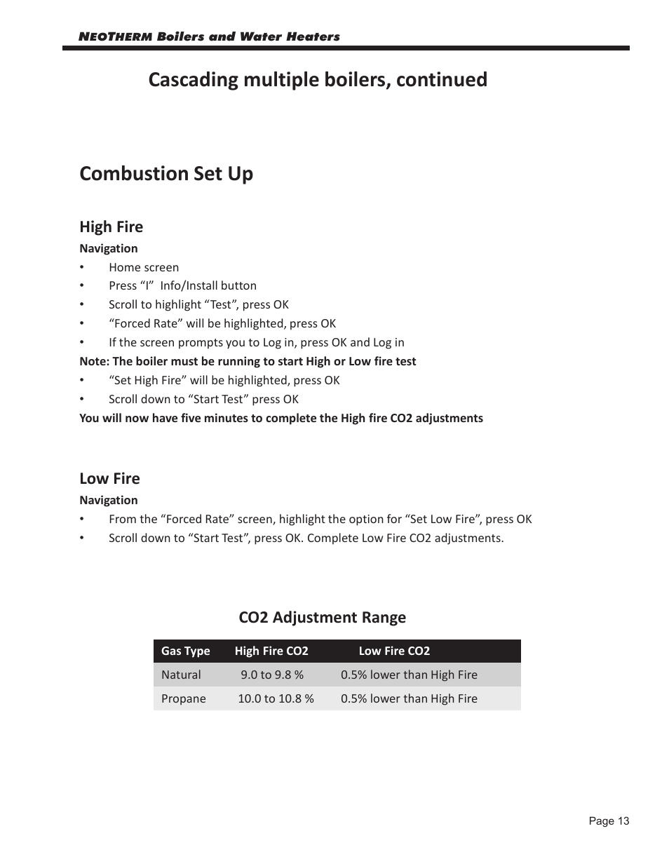 Cascading multiple boilers, continued, Combustion set up, High fire | Low fire, Co2 adjustment range | LAARS NeoTherm NTV (Sizes 080–850 MBTU/h) - Start Up Guide User Manual | Page 13 / 16