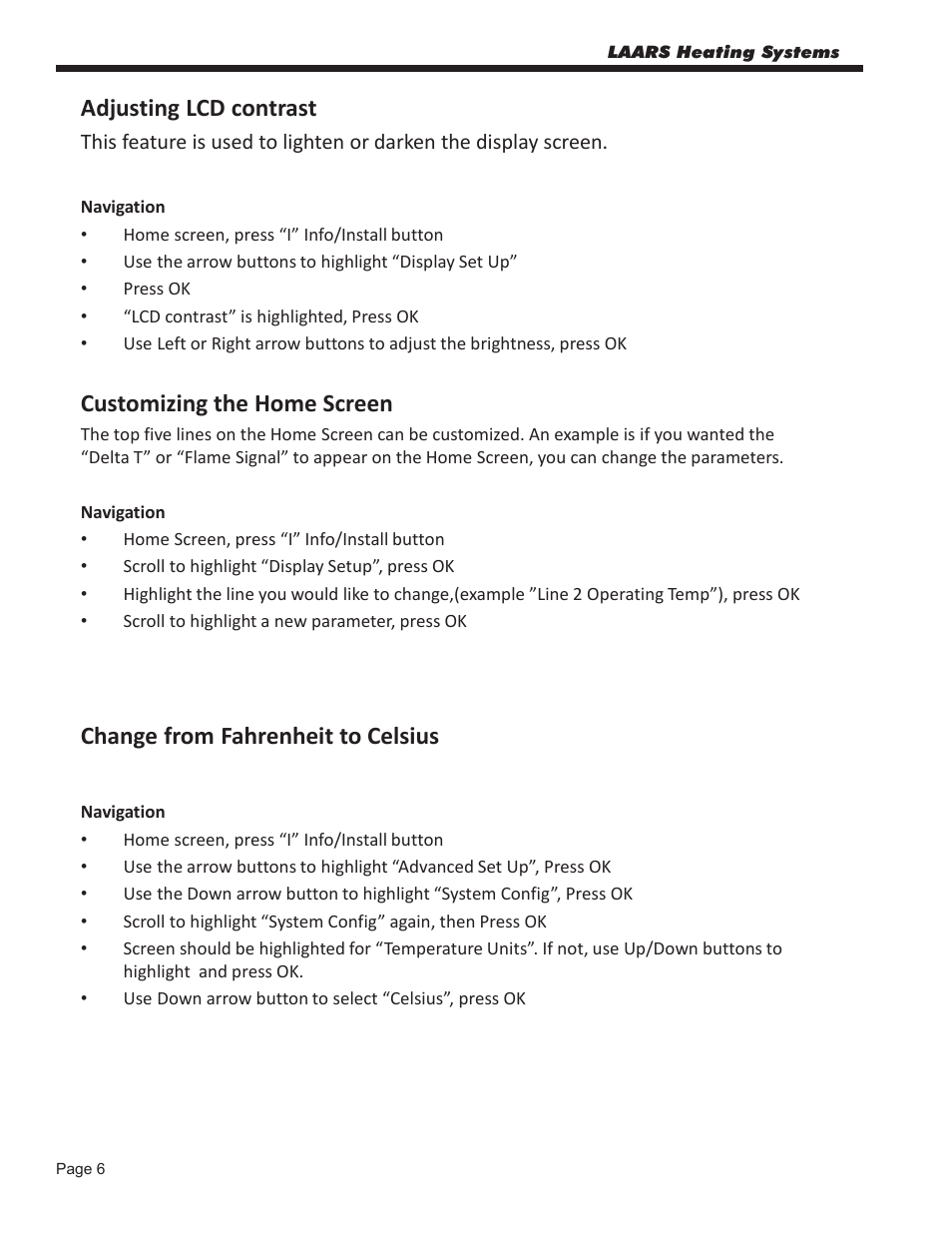 Adjusting lcd contrast, Customizing the home screen, Change from fahrenheit to celsius | LAARS NeoTherm NTV (Sizes 080–850 MBTU/h) - Start Up Guide User Manual | Page 6 / 16