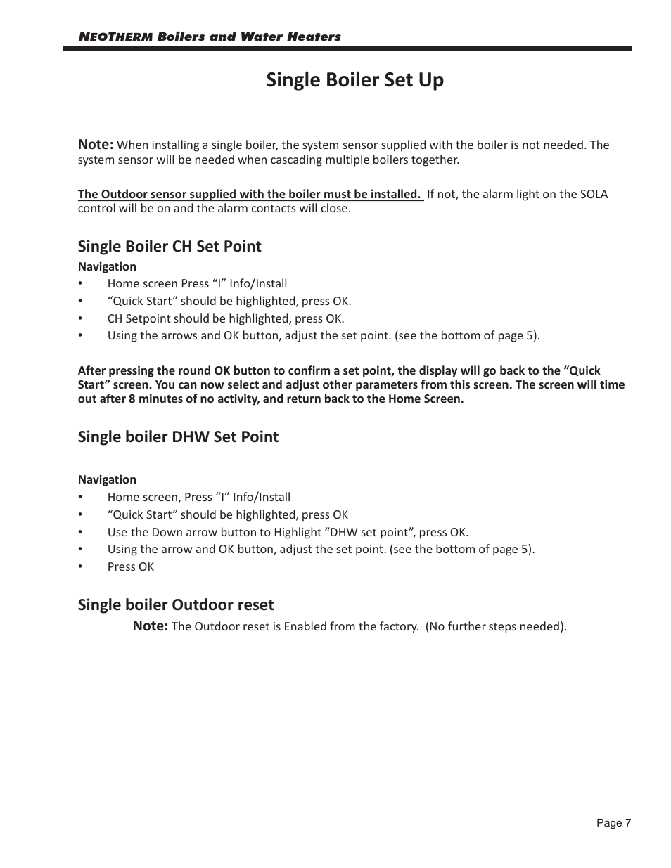 Single boiler set up, Single boiler ch set point, Single boiler dhw set point | Single boiler outdoor reset | LAARS NeoTherm NTV (Sizes 080–850 MBTU/h) - Start Up Guide User Manual | Page 7 / 16
