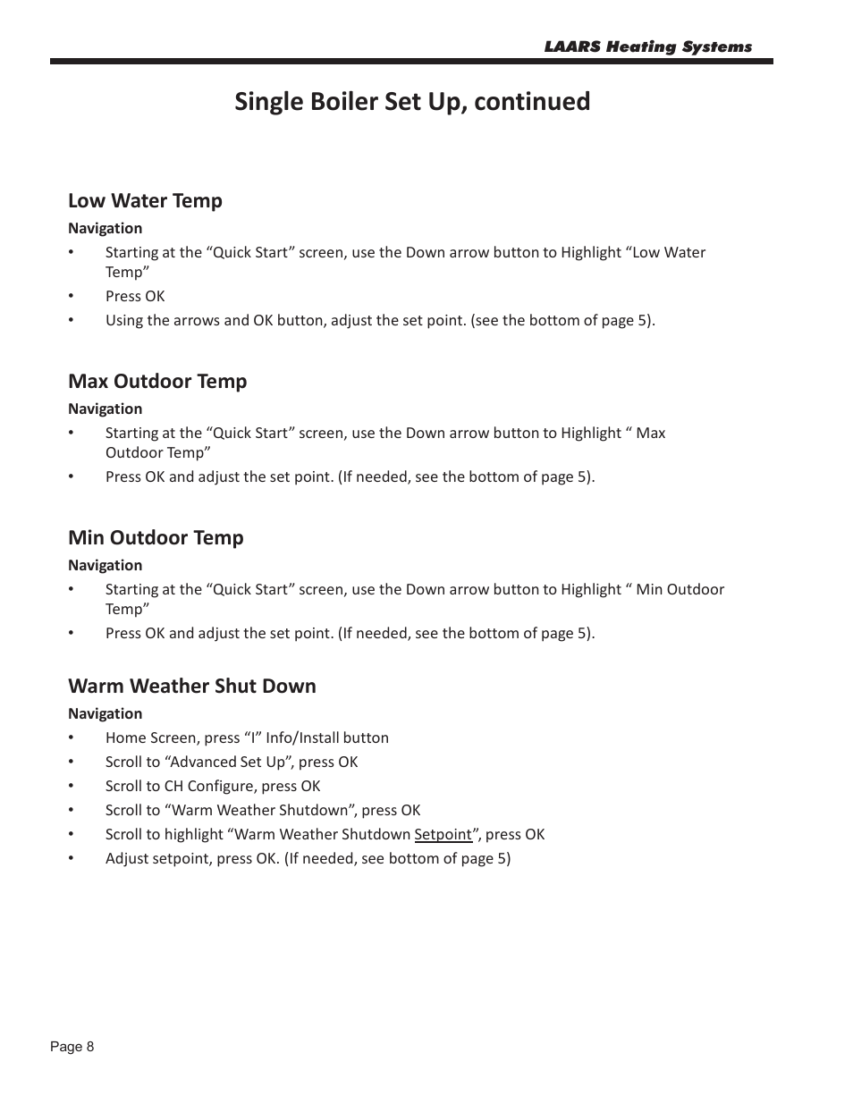 Single boiler set up, continued, Low water temp, Max outdoor temp | Min outdoor temp, Warm weather shut down | LAARS NeoTherm NTV (Sizes 080–850 MBTU/h) - Start Up Guide User Manual | Page 8 / 16