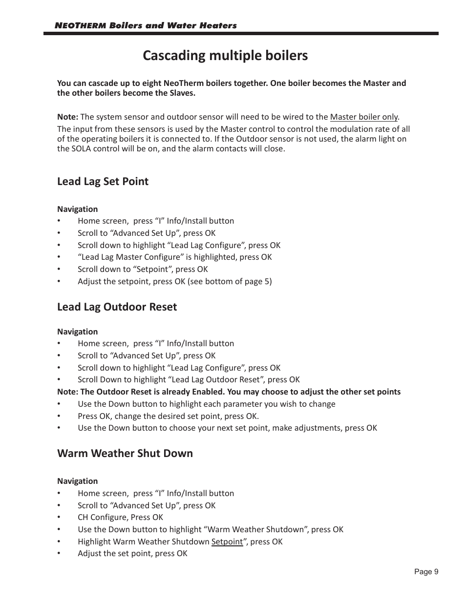 Cascading multiple boilers, Lead lag set point, Lead lag outdoor reset | Warm weather shut down | LAARS NeoTherm NTV (Sizes 080–850 MBTU/h) - Start Up Guide User Manual | Page 9 / 16