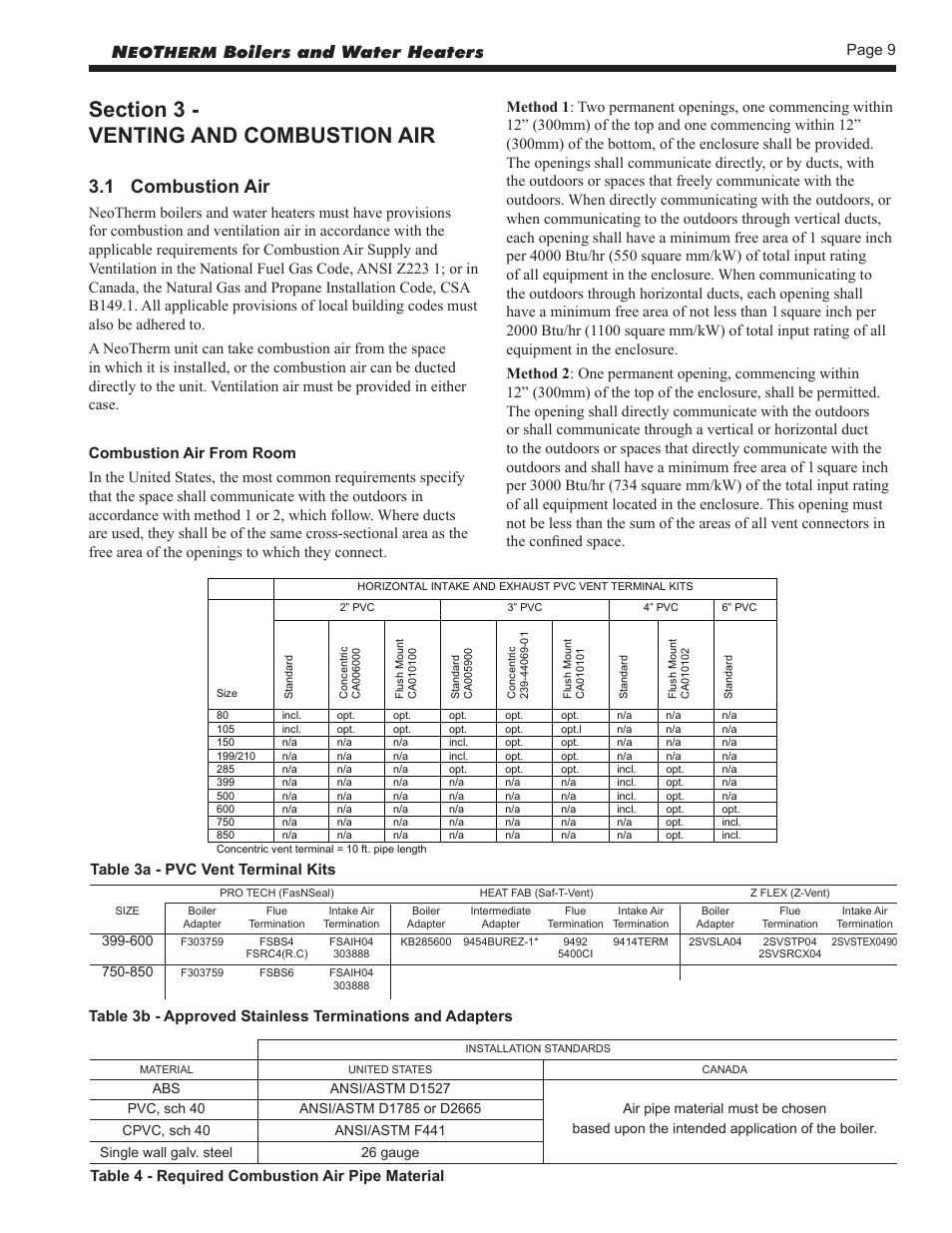 3 - venting and combustion air, 1 combustion air, Boilers and water heaters | Page 9, Herm, Table 4 - required combustion air pipe material, Table 3a - pvc vent terminal kits | LAARS NeoTherm NTV (Sizes 150–850 MBTU/h) - Install and Operating Manual User Manual | Page 13 / 92