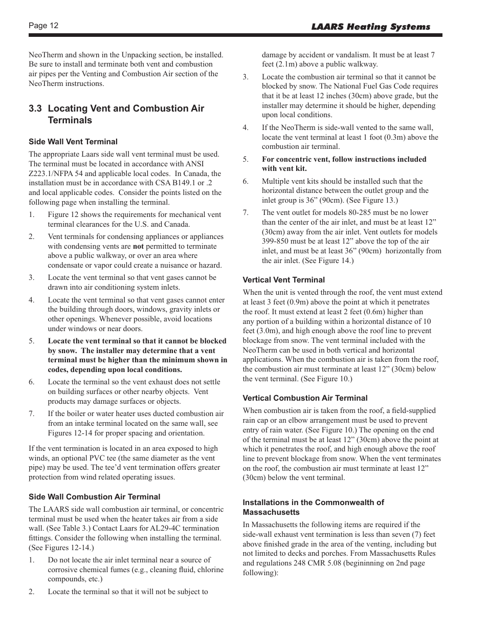 3 locating vent and combustion airterminals | LAARS NeoTherm NTV (Sizes 150–850 MBTU/h) - Install and Operating Manual User Manual | Page 16 / 92