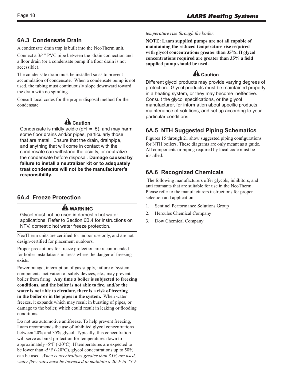 6a.3 condensate drain, 6a.4 freeze protection, 6a.5 nth suggested hydronic piping schematics | 6a.6 recognized chemicals | LAARS NeoTherm NTV (Sizes 150–850 MBTU/h) - Install and Operating Manual User Manual | Page 22 / 92