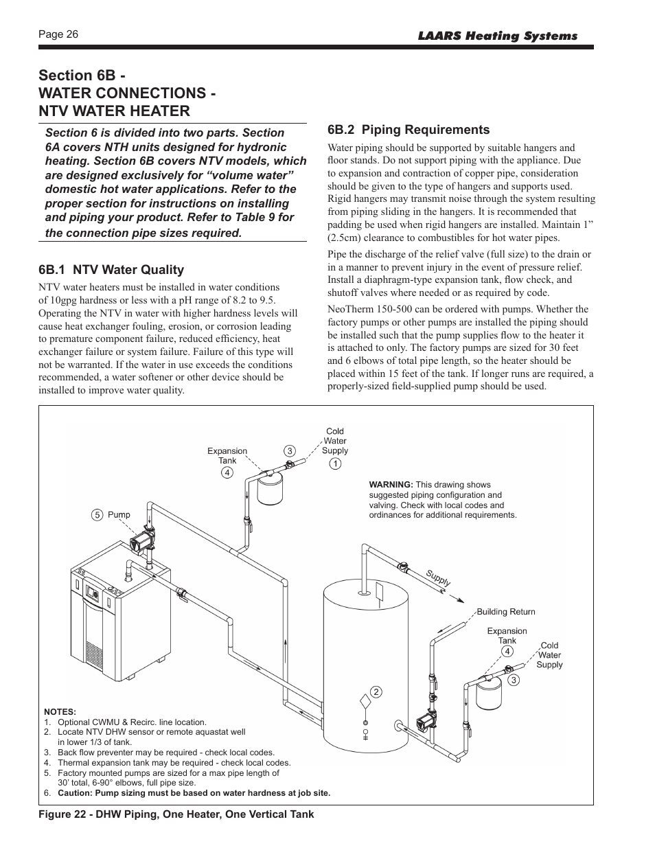 6b - water connections - ntv water heater, 6b.1 ntv water quality, 6b.2 piping requirements | LAARS NeoTherm NTV (Sizes 150–850 MBTU/h) - Install and Operating Manual User Manual | Page 30 / 92