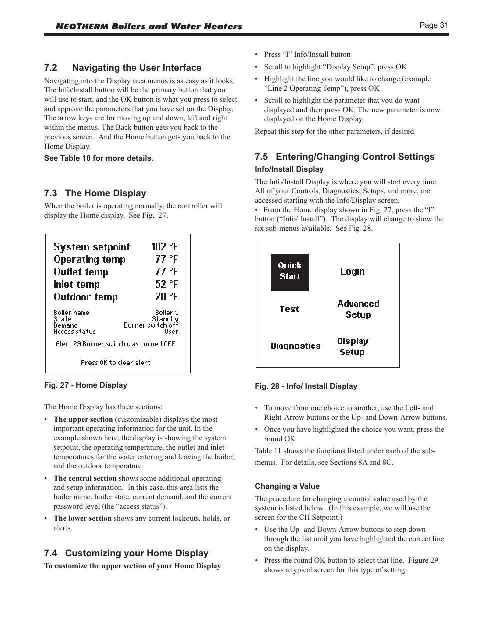 2 navigating the user interface, 3 the home display, 4 customizing your home display | 5 entering/changing control settings | LAARS NeoTherm NTV (Sizes 150–850 MBTU/h) - Install and Operating Manual User Manual | Page 35 / 92