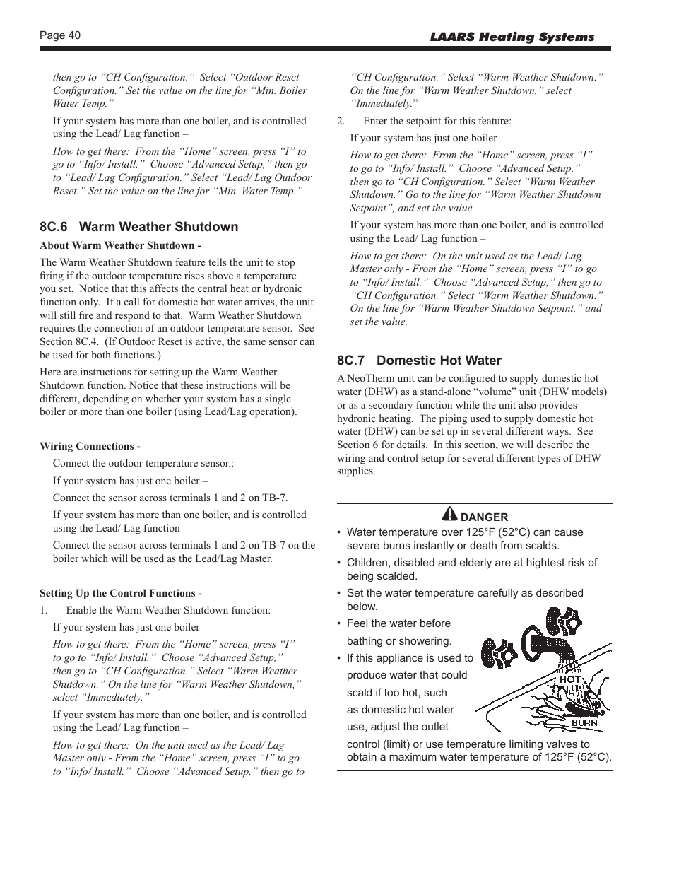 8c.6 warm weather shutdown, 8c.7 domestic hot water | LAARS NeoTherm NTV (Sizes 150–850 MBTU/h) - Install and Operating Manual User Manual | Page 44 / 92