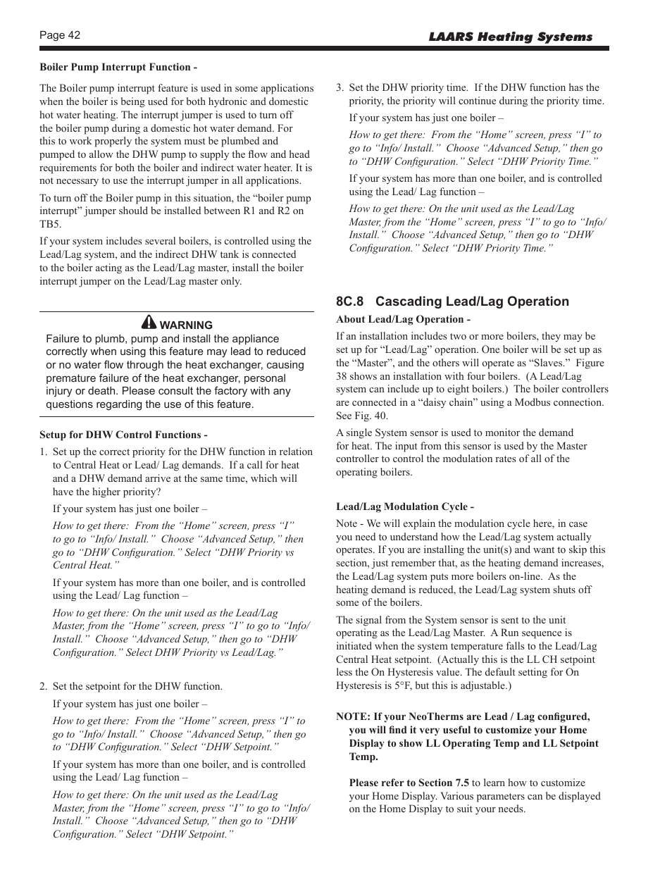 8c.8 cascading lead/lag operation | LAARS NeoTherm NTV (Sizes 150–850 MBTU/h) - Install and Operating Manual User Manual | Page 46 / 92